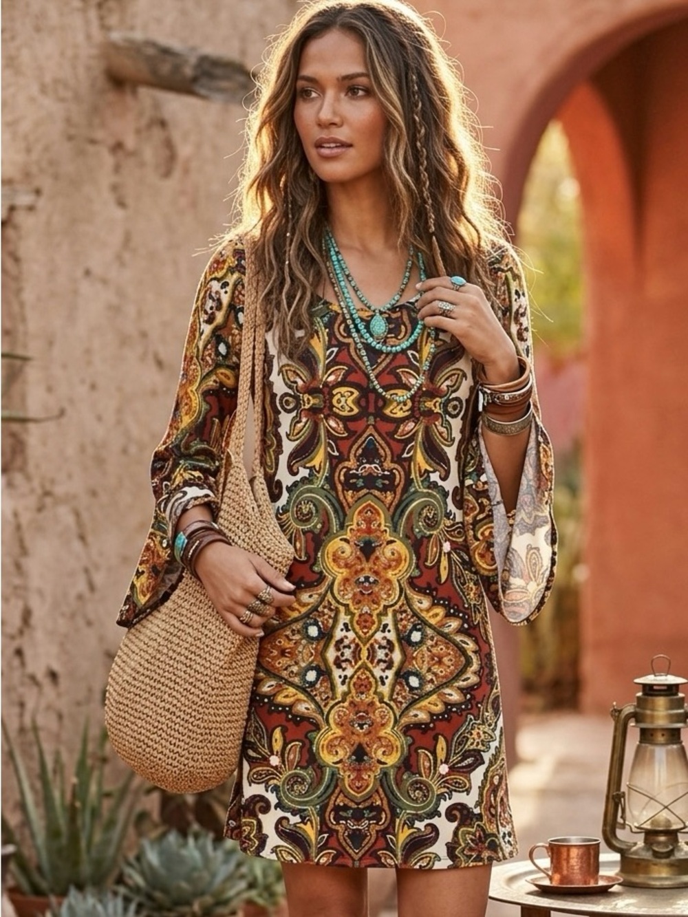 Haani Boho Festival Mini Dress S Paisley Kaleidoscope 70s Bell Sleeve Hippie